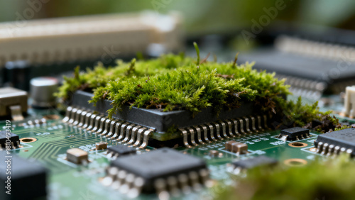 Moss growing on a computer chip, nature and technology fusion