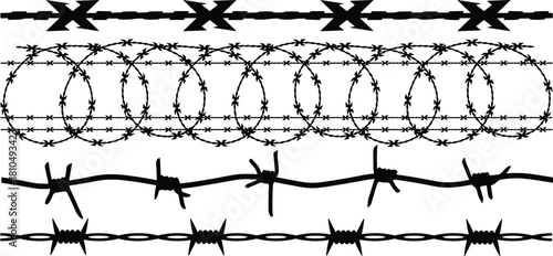 Barbed wire silhouette collection featuring sharp security fencing elements, dangerous barrier designs, protective boundary illustration for defense, restriction, safety and industrial purposes