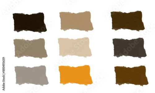 Nine torn paper swatches arranged in a three by three grid against a plain black background simple design