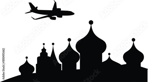 Silhouette of airplane flying over Russian onion domes, Saint Basil’s Cathedral inspired skyline, travel concept, cultural architecture, vector illustration