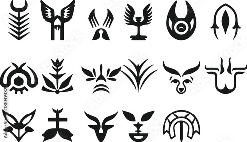 Collection of abstract black symbol designs featuring geometric shapes, tribal elements, minimal line art, modern emblem icons, decorative vector illustrations