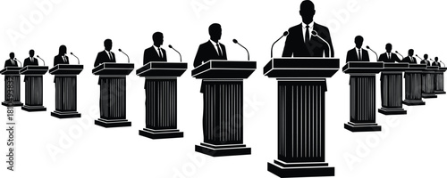 Silhouette of business leaders speaking at podiums, public speech conference illustration, corporate presentation concept, leadership debate, teamwork, communication, unity, and professional success