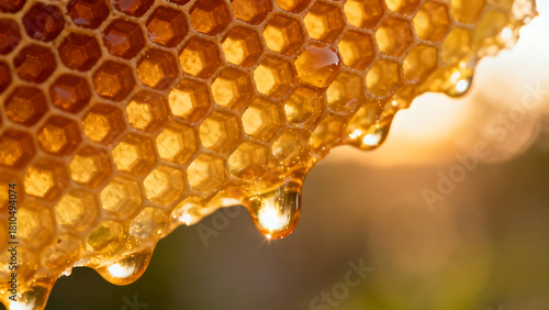 Close-up of honey dripping from a honeycomb in golden sunlight