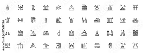 World Landmark icon set. Vector illustration pack feturing Clock Tower, EiffelTower, Taj Mahal, Colosseu, Mosque, Cathedral, Monumnt and more.