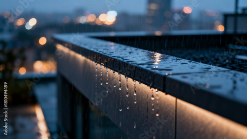 Raindrops on a Balustrade at Dusk with City Lights in Background