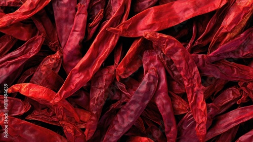 Close-up, overhead shot of a pile of vibrant red, dried chili peppers, tightly packed together, showcasing their texture