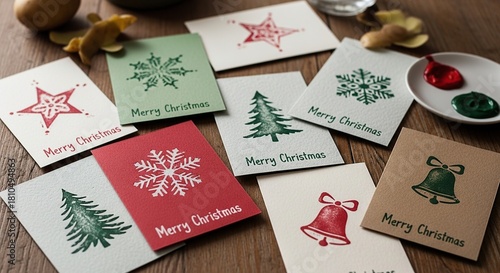 Handmade christmas cards featuring festive designs like snowflakes christmas trees stars and bells in various colors and textures