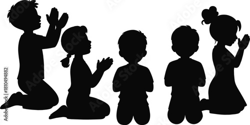 Silhouette of children praying together in group, symbol of faith, hope, spirituality, devotion, religion, and unity vector illustration design