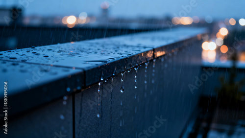 Raindrops dripping from a rooftop ledge at dusk with city lights in the background