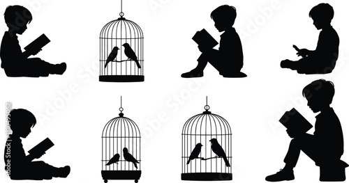 Silhouette of children reading books and birdcages with birds, education and imagination concept vector illustration for learning, childhood, and freedom theme