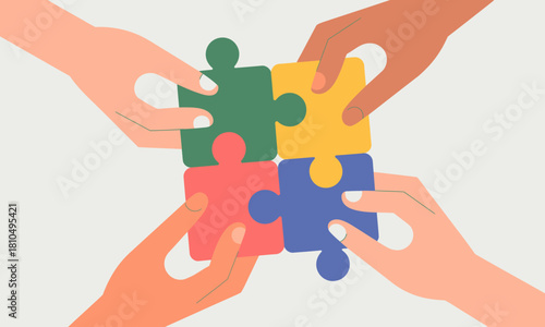 An illustration of diverse hands holding puzzle pieces, symbolizing collaboration, teamwork, and the importance of unity in achieving common goals and success.