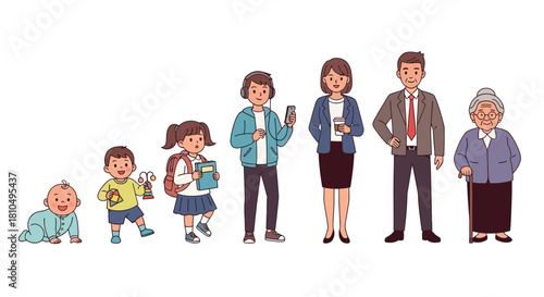 Illustrative depiction of the complete human life journey tracing the stages of growth, development, and aging from babyhood to seniority