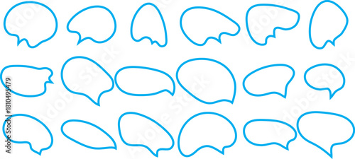 Abstract blue outline speech bubbles collection, diverse shapes for communication concepts, dialogue, and talking.