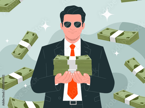 A confident businessman in a suit, holding a large amount of cash, symbolizes wealth, success, and financial aspirations in a visually appealing and modern context.