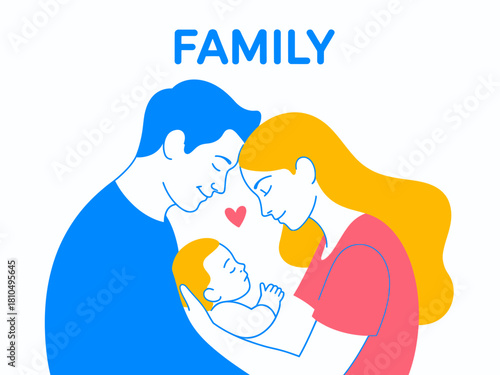 A heartwarming illustration of a family of three, with parents tenderly cradling their baby, symbolizing love, bonding, and the joy of parenthood, against a bright background.