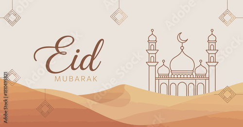 A beautifully designed Eid Mubarak card featuring a mosque silhouette against warm earthy tones, symbolizing celebration, spirituality, and community during the festive season.
