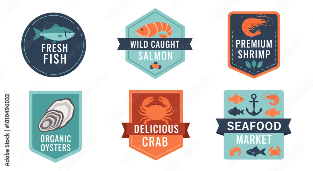 Obraz premium Collection of Seafood Market Badges featuring Fresh Fish, Wild Caught Salmon, Shrimp, Oysters, and Crab