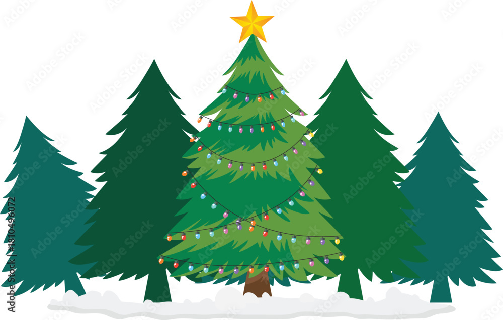 Obraz premium Festive Christmas Tree with Colorful Lights and Golden Star in a Snowy Winter Forest, Evergreen Pine Trees, Holiday Season Illustration