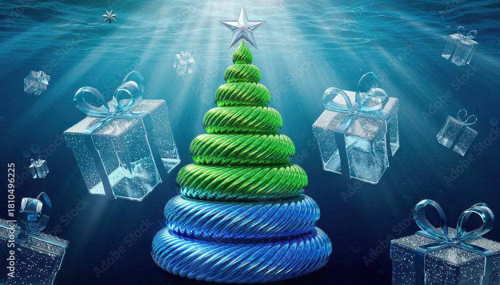 Naklejka premium Choinka na Boże Narodzenie z gwiazdą na czubku i prezentami