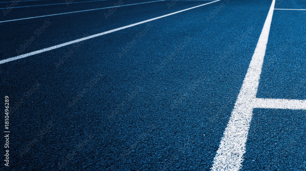 Fototapeta premium Blue running track with white lane lines leading into distance conveying motion and focus on athletic training and competition