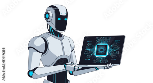 Advanced artificial intelligence android working on a laptop computer displaying a digital processor chip