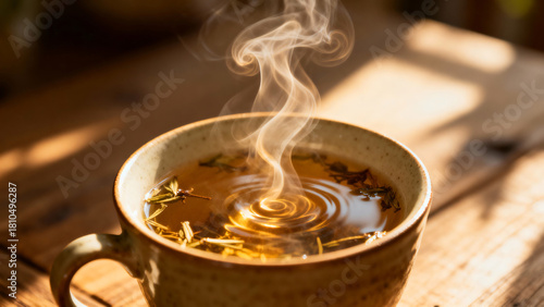 Steaming Cup of Herbal Tea on Wooden Table in Soft Sunlight