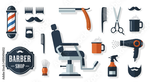 A collection of flat design barber tools and hairdressing salon equipment icons for men's grooming and hairstyling
