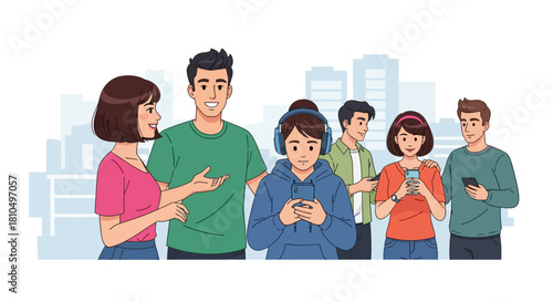 Group of People Interacting with Each Other and Using Smartphones for Communication