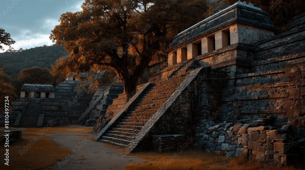 Naklejka premium Cinematic Teal Orange Scene with Dramatic Ancient Cataclysm Concept
