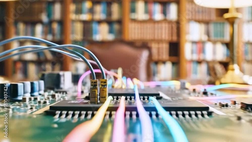 Close-up of circuit board with colorful cables and blurred library backdrop