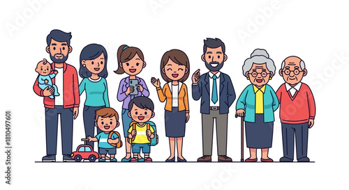 Cheerful multi-generational family illustration showcasing unity, love, and happiness across different ages standing together as a loving group