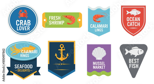 Seafood Icons Crab Lover, Fresh Shrimp, Calamari, Ocean Catch, Seafood Delights and Best Fish