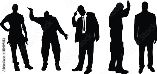 Group of male silhouettes standing in different expressive poses, professional and casual figures, minimalist black design, ideal for business, presentation, and creative projects