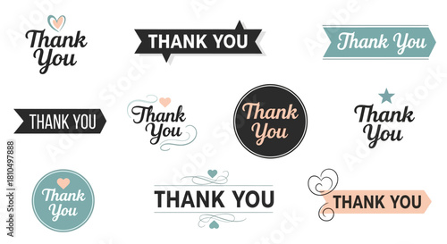 Elegant assortment of thank you message designs, featuring diverse typography, decorative banners, and stylish badges for expressing gratitude