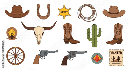Set of classic American Western theme vector elements with cowboy accessories, revolvers, and desert symbols