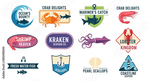 Vibrant Seafood Badges A Collection of Ocean's Bounty, Crab Delights, and Nautical-Themed Illustrations