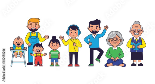Family members of different ages together, from a baby to the elderly, smiling and happy