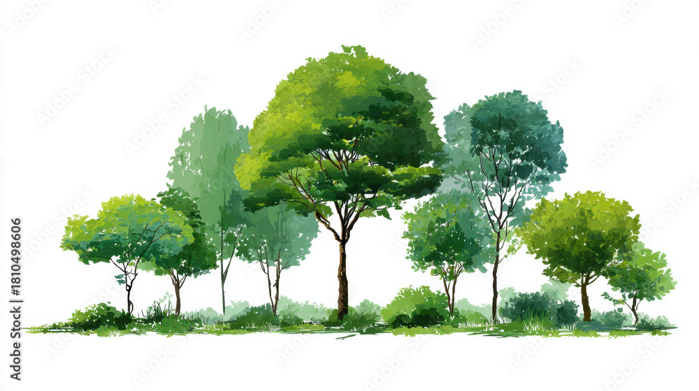 Fototapeta premium Lush green trees line simple horizon with varied foliage and grasses, peaceful natural landscape in watercolor style evoking calm and freshness