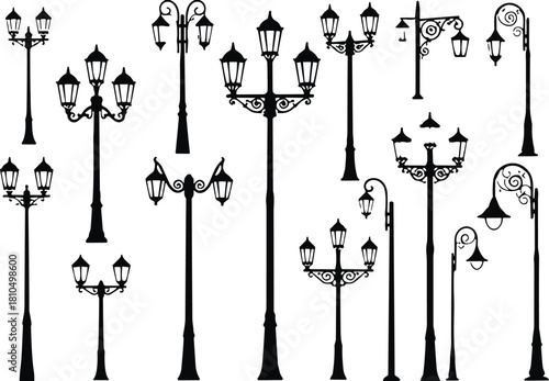 Collection of vintage street lamp silhouettes, classic outdoor lantern designs, decorative lamp post illustration set for cityscape, architecture, and urban lighting themes