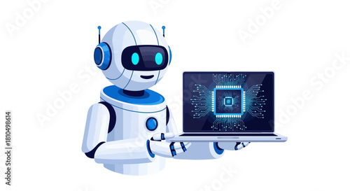Robot Holding Laptop with Digital Circuitry Display Artificial Intelligence Illustration