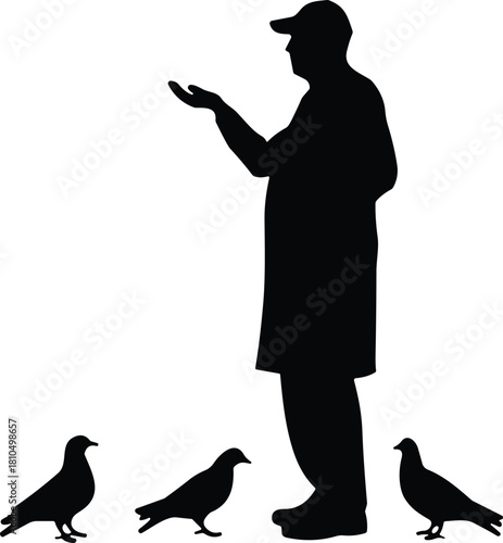 Silhouette of a person feeding pigeons, urban wildlife interaction scene, bird feeding illustration, simple black figure design for nature themes