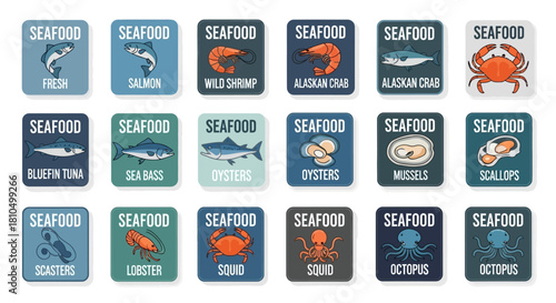 Collection of diverse seafood labels featuring a variety of fresh fish, shellfish, and crustaceans for market display or menu design