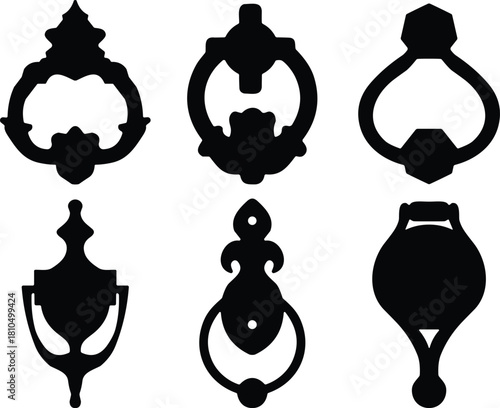 Vintage door knocker silhouettes collection, antique metal hardware icons set, classic decorative door knockers vector illustration for restoration and architectural design