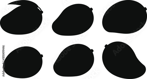 Black mango fruit silhouettes collection, tropical fruit icons set, vector mango shapes illustration, isolated graphic elements for food design