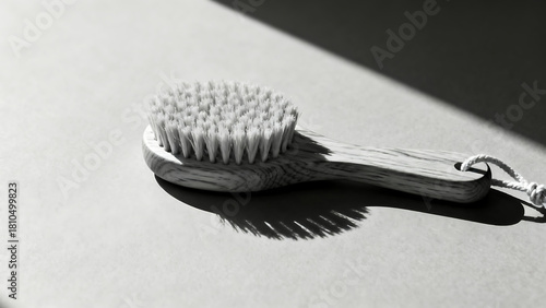 Wooden bath brush with bristles on a white surface, minimalistic design