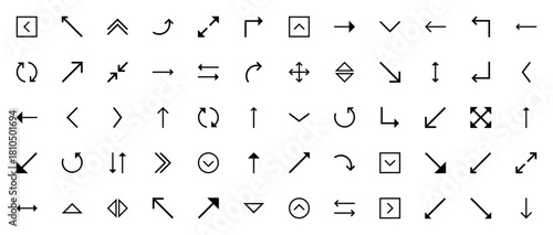 Arrow icon set. Minimal vector line icons collection Includes left chevron, digonal arrow, up chevron, crve arrow, expand, right arow, exchange, undo, doubl arrow and more. Editable troke.