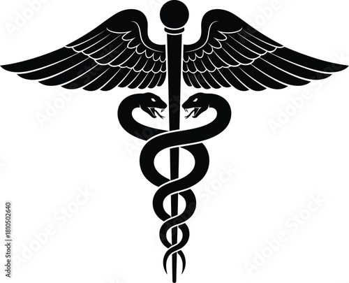 Caduceus symbol medical health care emblem emblematic wings snakes staff iconic healthcare medicine vector