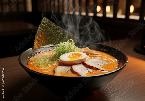 Spicy creamy ramen with chashu in matte black bowl, warm cinematic lighting, restaurant food photography for premium menu and modern branding