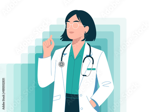 The image showcases a confident female doctor in a white coat, holding her hand up as if sharing knowledge or insight, symbolizing healthcare and professionalism.