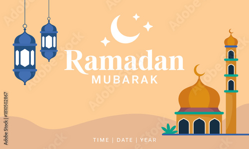 This vibrant illustration celebrates Ramadan with decorative elements like lanterns and a mosque, perfect for festive greetings or invitations during the holy month.